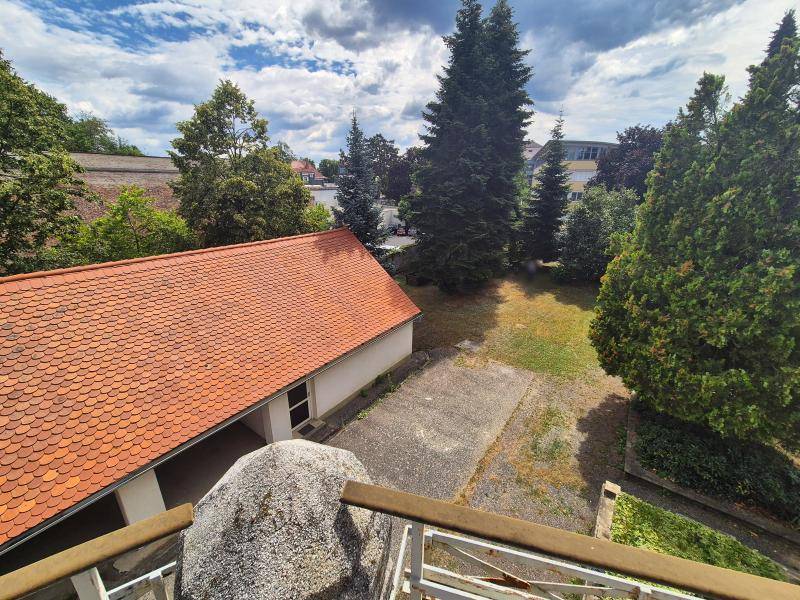 Blick von einem Balkon auf ein Nebengebäude und den Gartenbereich mit hohen Bäumen.