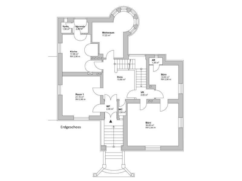 Grundriss des Erdgeschosses mit Küche, Wohnraum, Büro und Veranda.