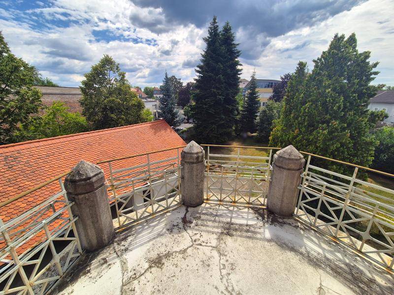 Alter Balkon mit bröckelndem Beton und Metallgeländer, umgeben von hohen Bäumen.
