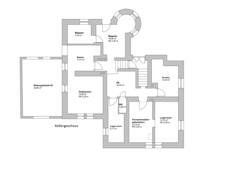 Grundriss des Kellergeschosses mit Sauna, Hobbyraum, Lagerräumen und WC.