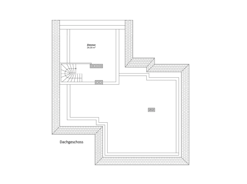 Grundriss des Dachgeschosses mit einem Zimmer und Treppenaufgang.