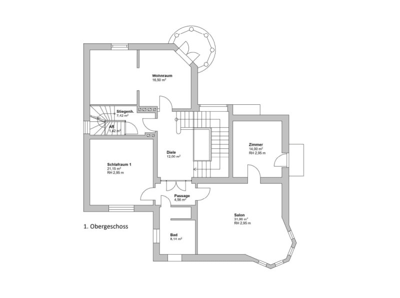 Grundriss des ersten Obergeschosses mit Schlafzimmer, Wohnraum, Salon und Bad.