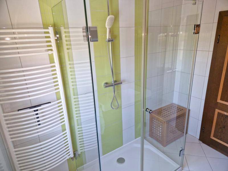 Duschbereich im Badezimmer mit Glasabtrennung und Handtuchheizkörper.