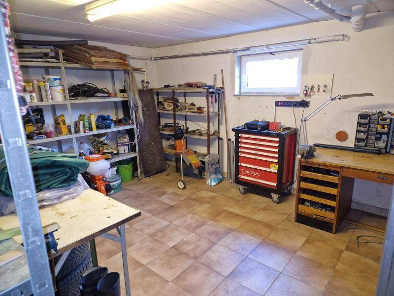 Funktionaler Hobbyraum im Keller mit Werkbank, Regalen und kleinem Fenster.