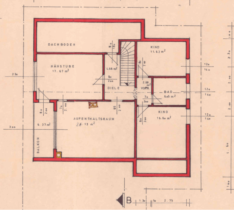 Grundriss des Obergeschosses mit Schlafzimmern, Bad und Balkon.