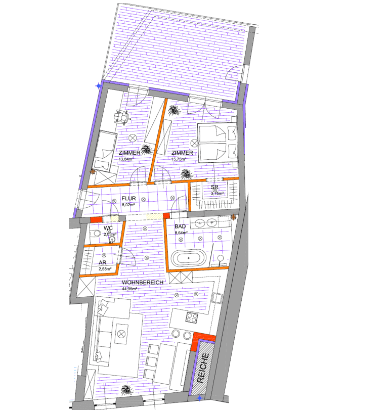 Grundriss einer Wohnung mit mehreren Zimmern, offenem Wohnbereich und Balkon.