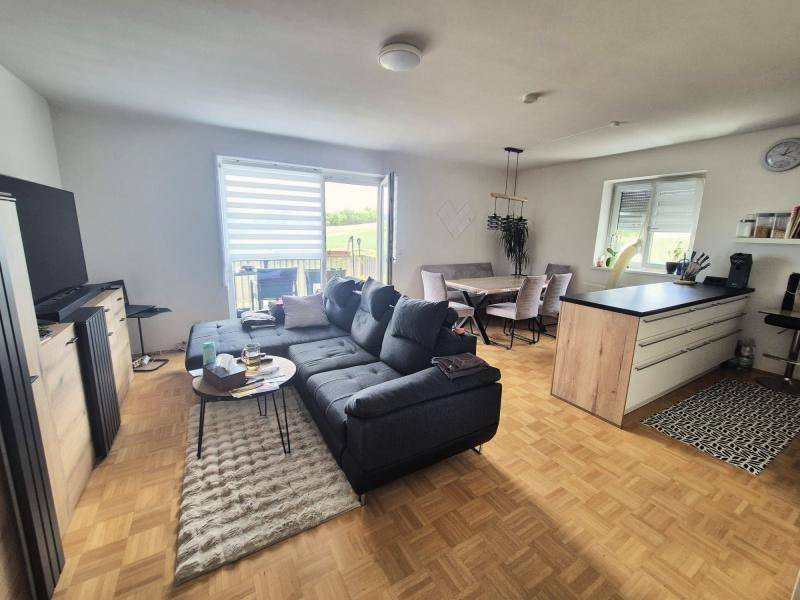 Gemütlicher Wohnbereich mit großem Sofa, Essbereich und offener Küche, ideal für geselliges Beisammensein.