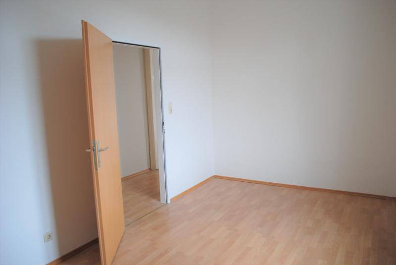 Leerer Raum mit heller Holztür und Laminatboden, der eine ruhige und neutrale Atmosphäre schafft.