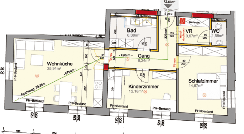 Detaillierter Grundriss einer Wohnung mit Wohnküche, Kinderzimmer, Schlafzimmer und Bad.