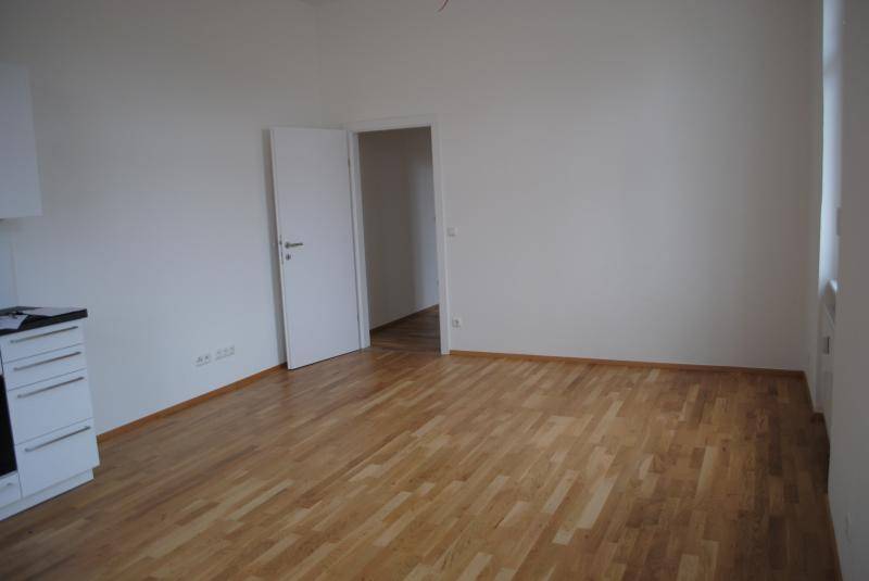 Heller Wohnbereich mit Parkettboden und Zugang zu weiteren Räumen durch eine weiße Tür.