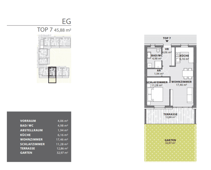 Grundriss der Wohnung Top 7 im Erdgeschoss mit Terrasse, Garten und funktionaler Raumaufteilung.