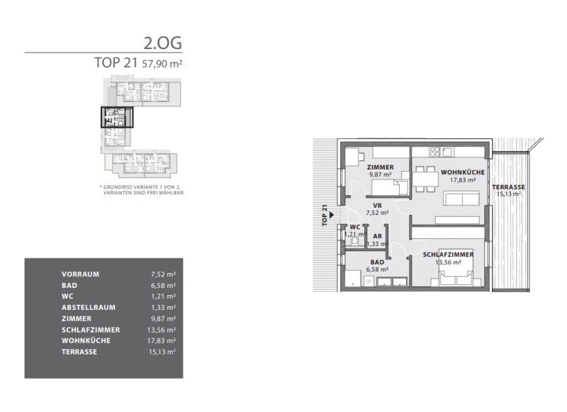 Grundriss einer Wohnung im zweiten Obergeschoss mit Wohnküche, Schlafzimmer und Terrasse.
