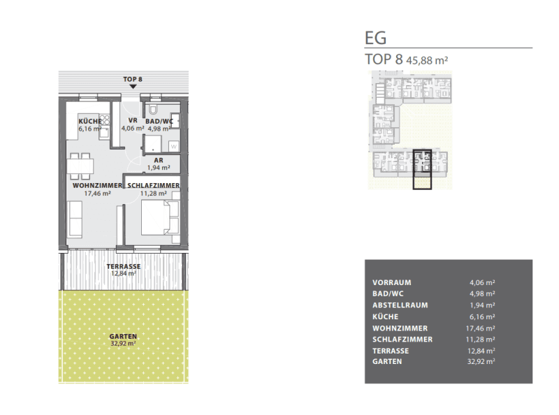 Grundriss der Wohnung Top 8 im Erdgeschoss mit Wohnzimmer, Schlafzimmer, Terrasse und Garten.