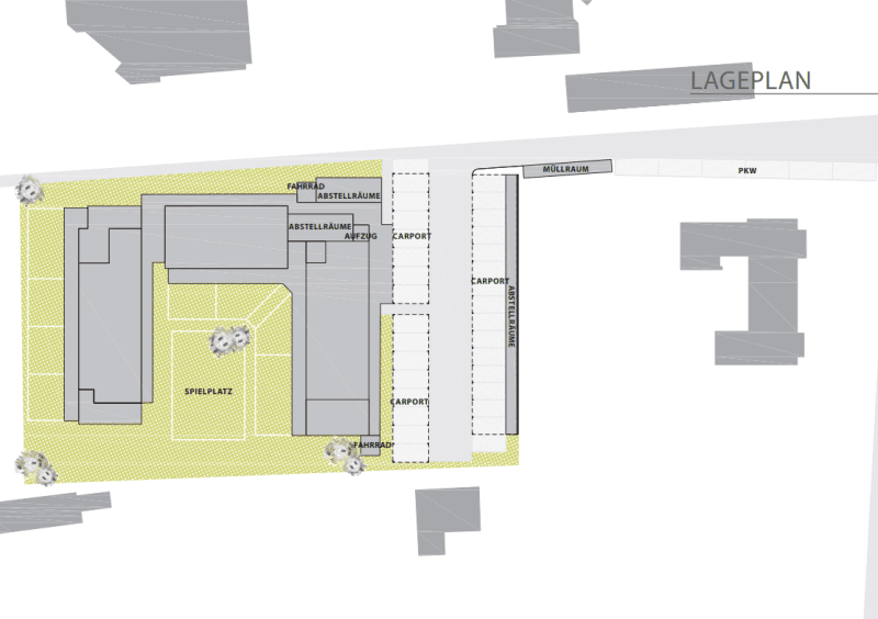 Lageplan des Wohnkomplexes mit Gebäuden, Carports, Fahrradabstellräumen und Spielplatz.