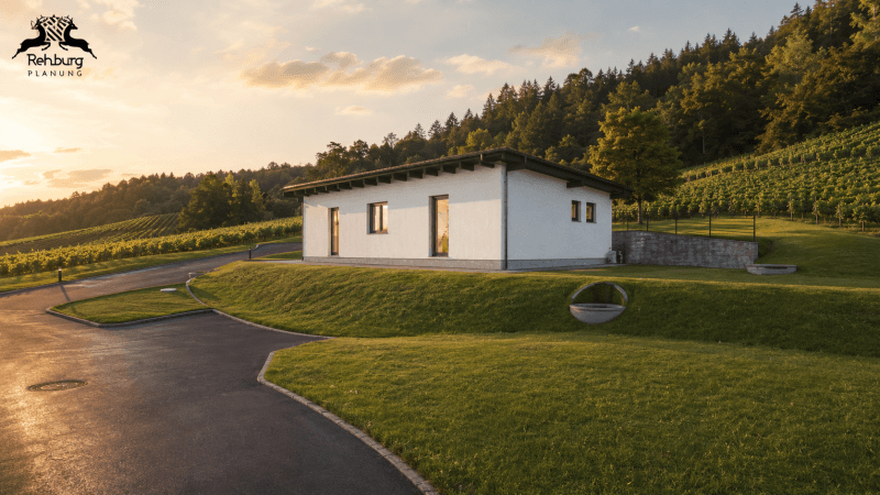 Modernes weißes Haus in einer malerischen Weinbergslandschaft bei Sonnenuntergang, umgeben von grünen Hügeln.