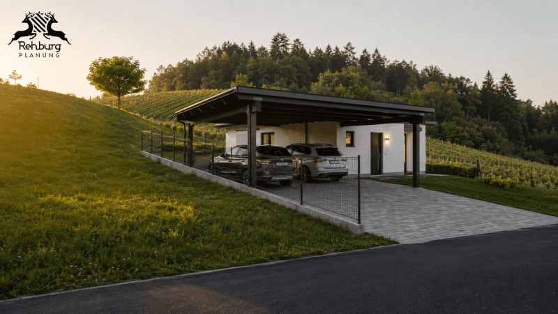 Ansicht des modernen Hauses mit Carport und zwei Autos, umgeben von Weinbergen und grünen Hügeln.