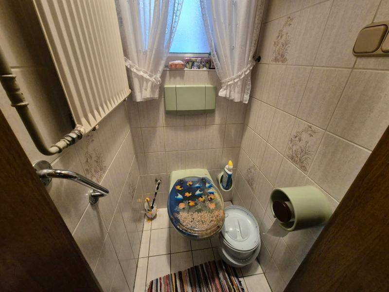 Kleines Gäste-WC mit Fenster, WC und Heizkörper, dekoriert mit einem bunten Toilettensitz.