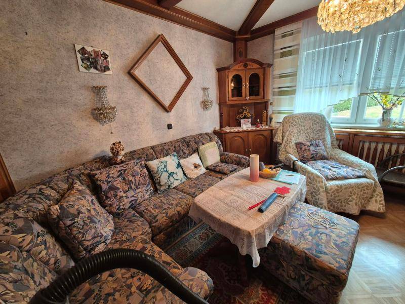 Geräumiges Wohnzimmer mit gemustertem Sofa, traditionellen Möbeln und großem Fenster.