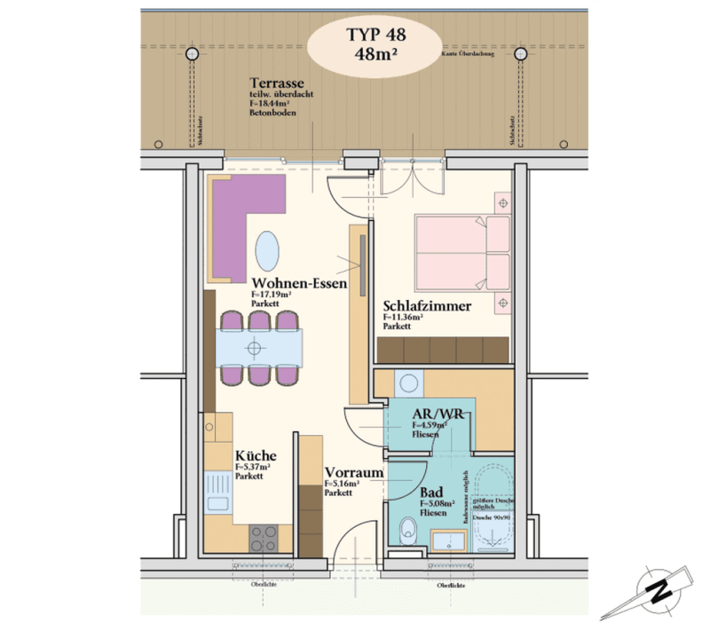 Grundriss Typ 48 mit 48m² Wohnfläche, offenem Wohn-Essbereich und großer Terrasse.