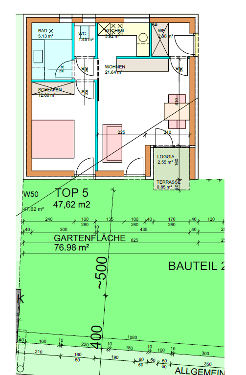 Grundriss der Wohnung mit Loggia und Terrasse sowie angrenzender Gartenfläche.
