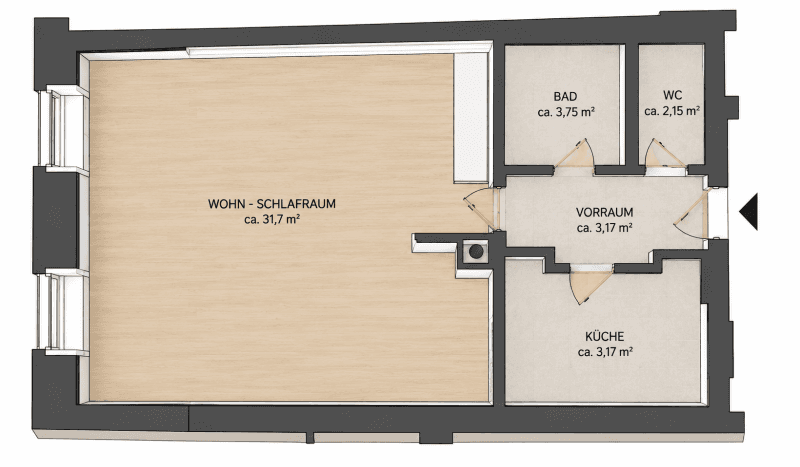 Unmöblierter Grundriss einer Wohnung mit Wohn-Schlafbereich, Bad, WC, Vorraum und Küche.