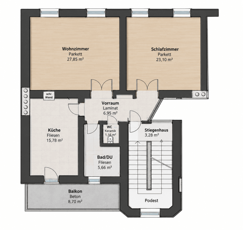 Detaillierter Grundriss der Wohnung mit Wohnzimmer, Schlafzimmer, Küche und Balkon.