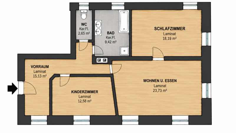 Grundriss einer Wohnung mit Schlafzimmer, Kinderzimmer, Wohn- und Essbereich.