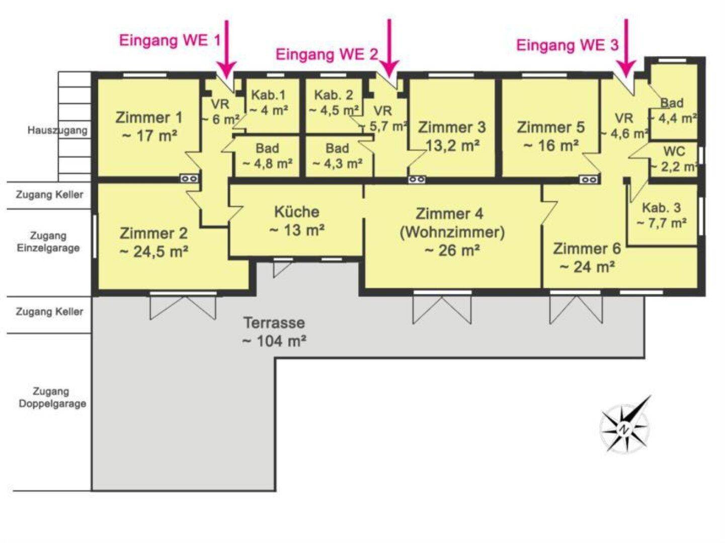 Grundriss des Erdgeschosses mit mehreren Zimmern, Küche, Bädern und einer großen Terrasse.