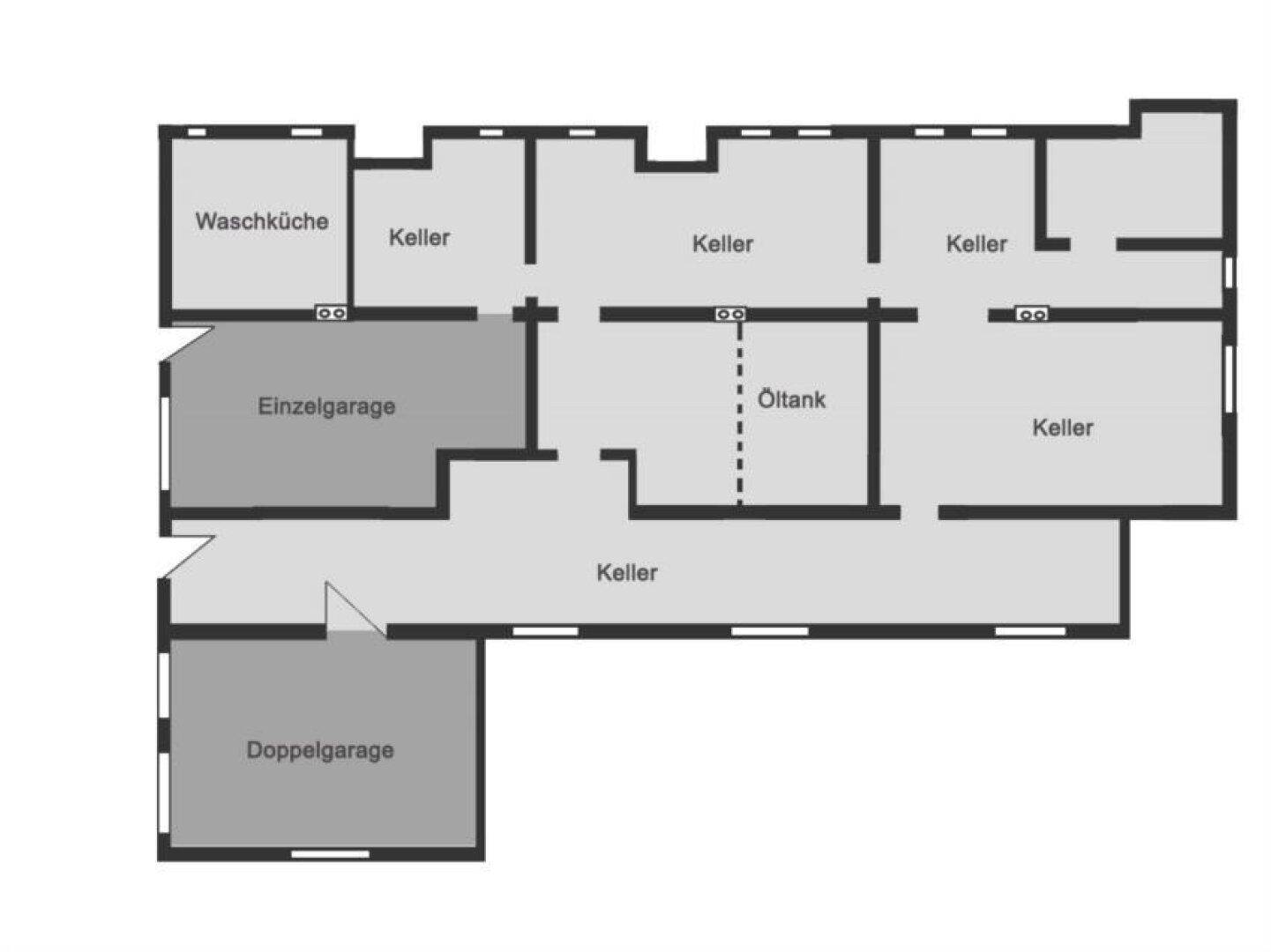 Grundriss des Kellergeschosses mit Waschküche, Kellerräumen und Garagen.