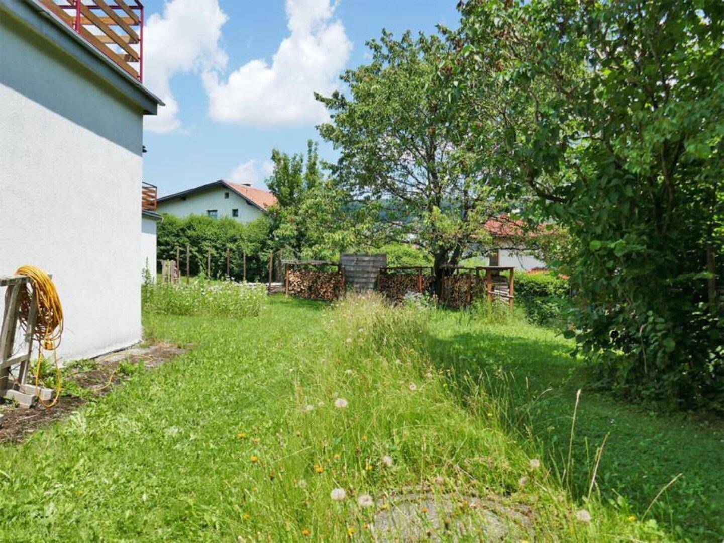 Gartenbereich neben dem Haus mit Rasenfläche, Baumbestand und gestapeltem Brennholz.