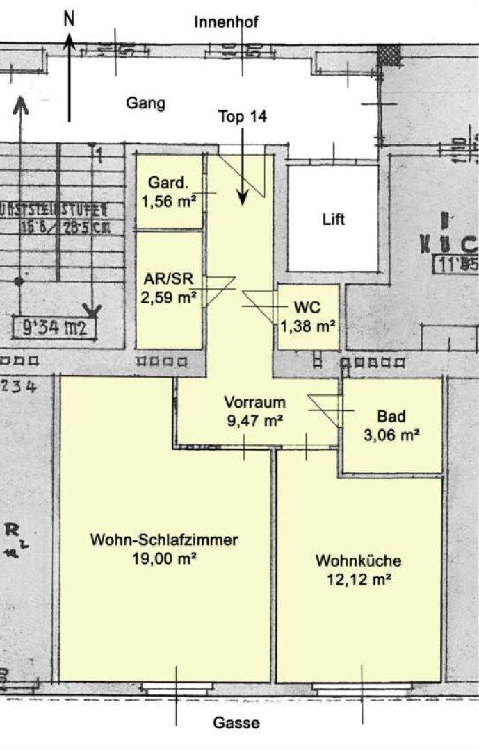 Grundriss der Wohnung Top 14 mit Wohn-Schlafzimmer, Wohnküche, Bad und separatem WC.