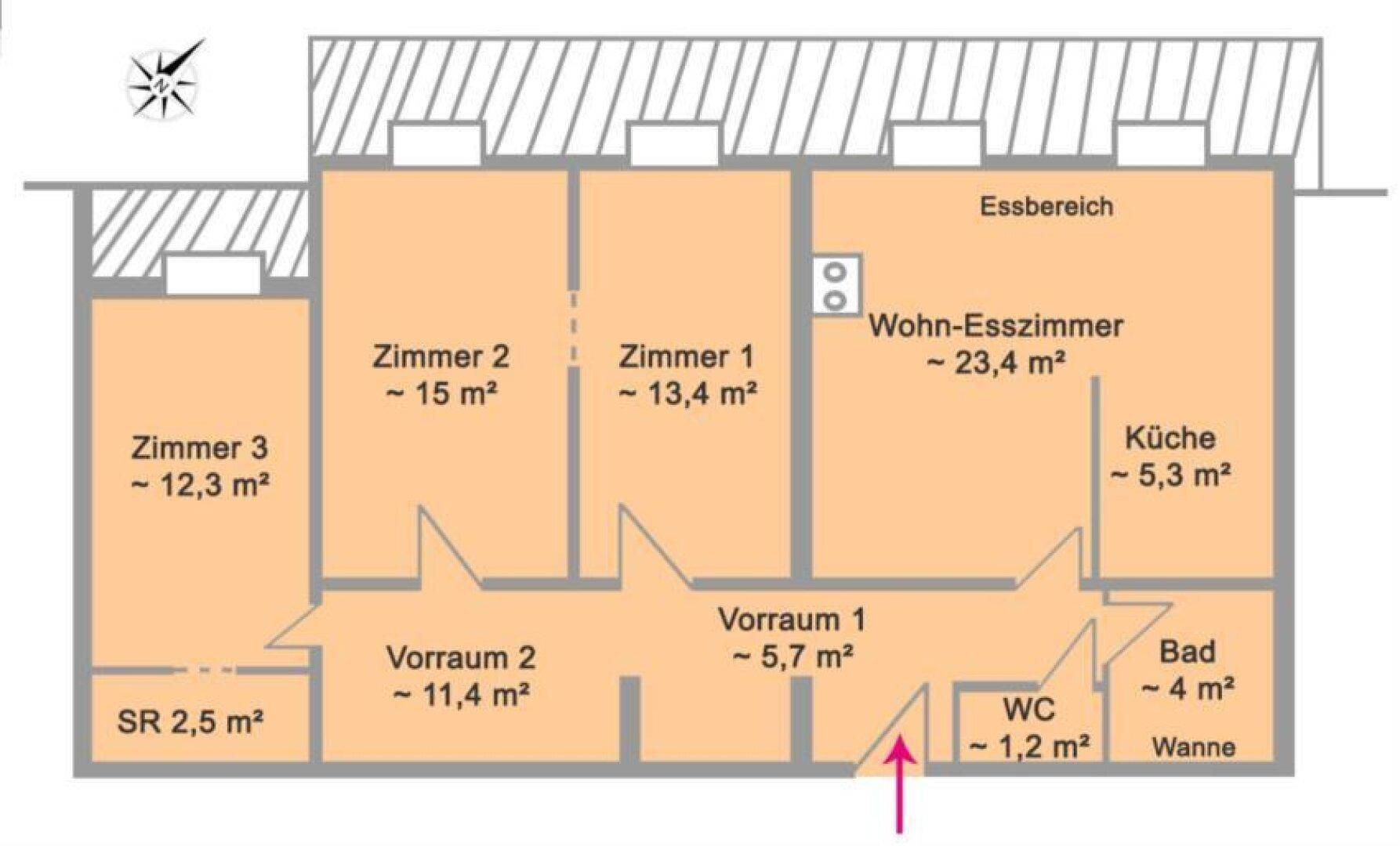 Grundriss der Wohnung mit drei Zimmern, Wohn-Esszimmer, Küche und Bad, inklusive Flächenangaben.