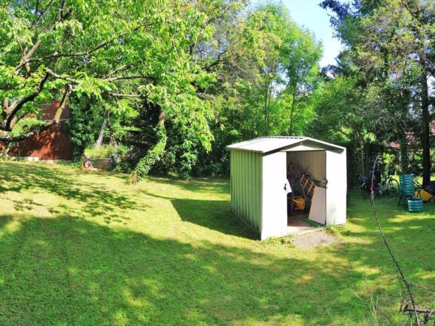 Gartenbereich mit einem praktischen Geräteschuppen auf einer gepflegten Rasenfläche.