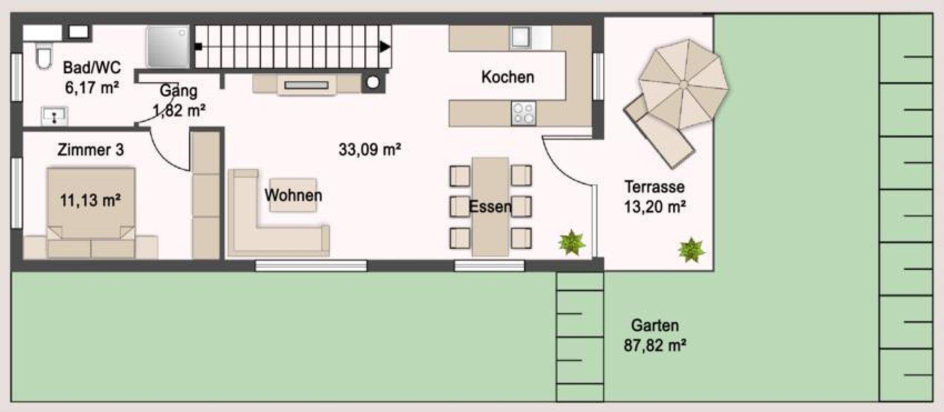 Grundriss für Haus 1 mit offenem Wohn-, Ess- und Kochbereich, Zimmer, Bad und Terrasse mit Garten.