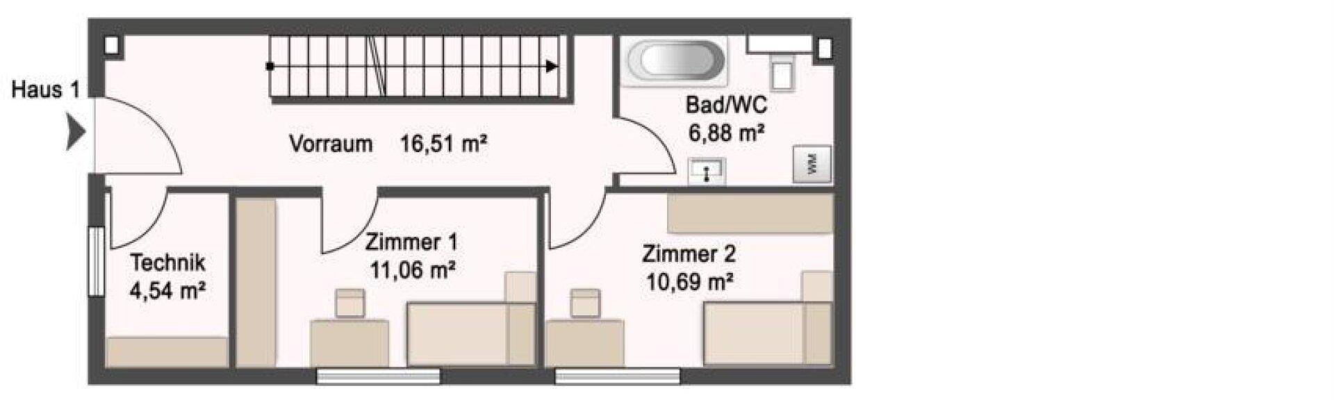 Grundriss für Haus 1 mit Vorraum, zwei Zimmern, Bad/WC und Technikraum.