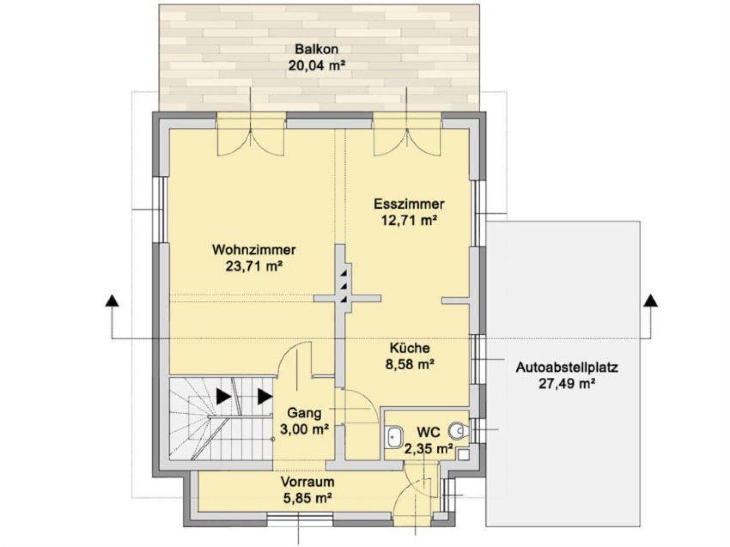 Grundriss des Obergeschosses mit Wohnzimmer, Esszimmer, Küche, Balkon und Autoabstellplatz.