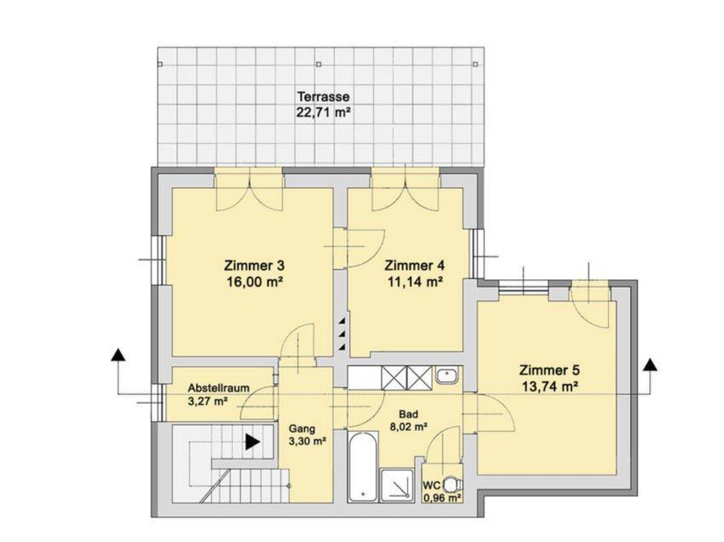 Grundriss des Erdgeschosses mit drei Zimmern, Bad, WC und einer großen Terrasse.