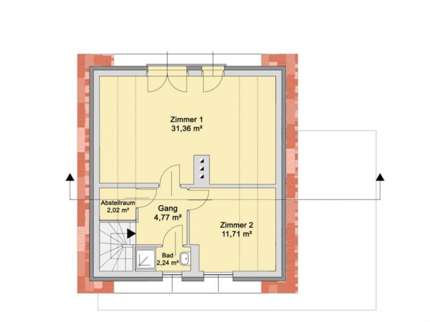Grundriss des Dachgeschosses mit zwei Zimmern, Bad und Abstellraum unter der Dachschräge.