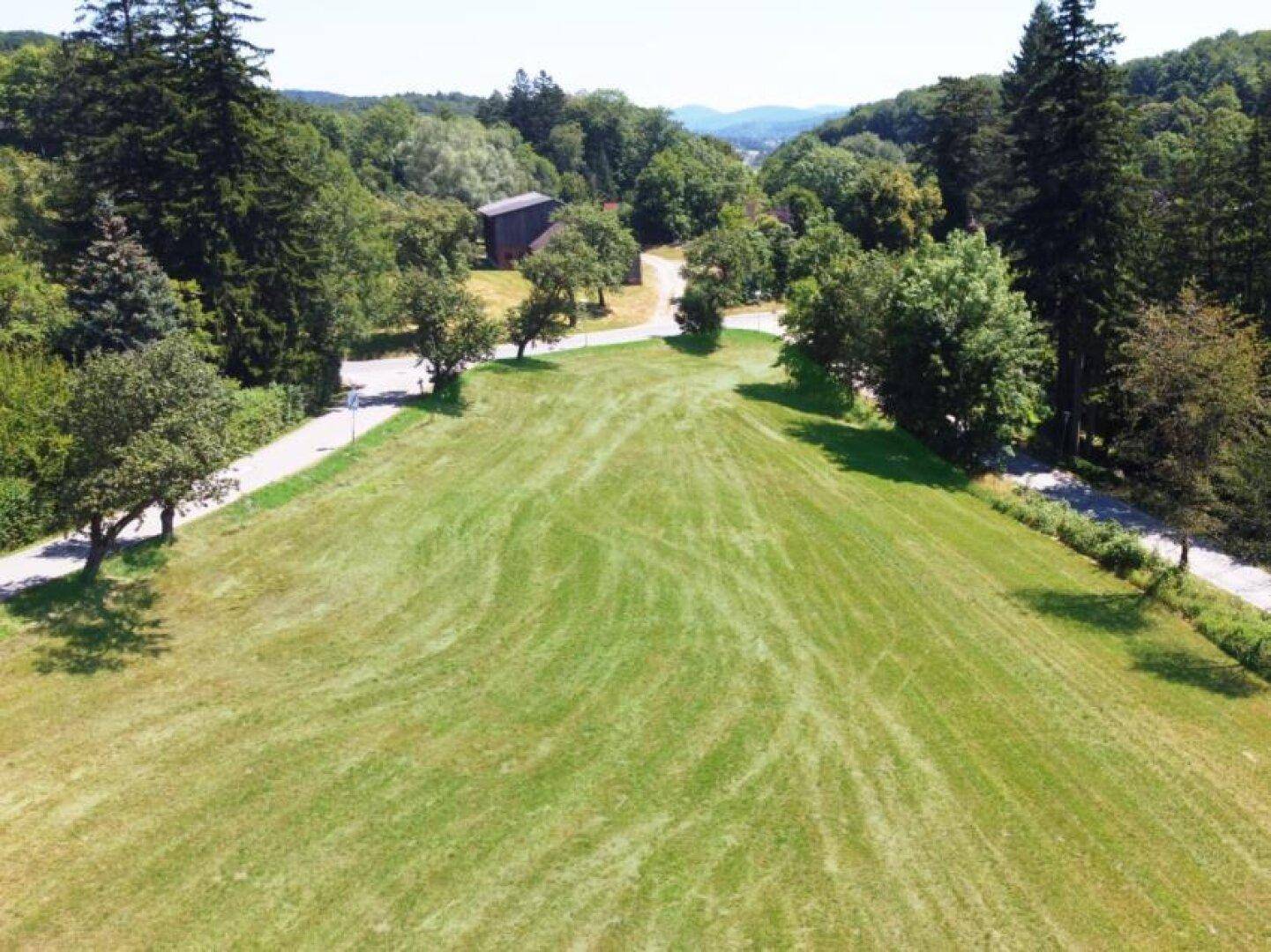 Blick über eine grüne Wiese mit sanfter Neigung, umgeben von dichtem Baumbestand und ländlicher Umgebung.