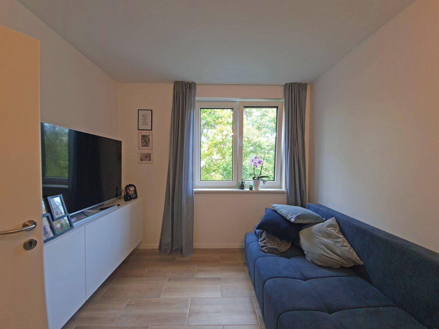 Helles Zimmer mit Sofa, TV und Blick ins Grüne durch große Fenster.