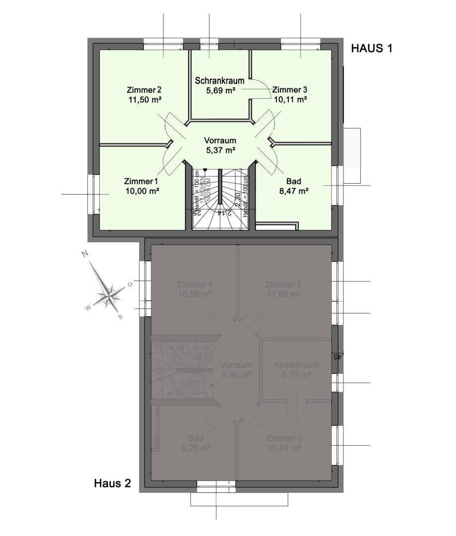 Grundriss des Obergeschosses von Haus 1 mit drei Schlafzimmern und einem Badezimmer.