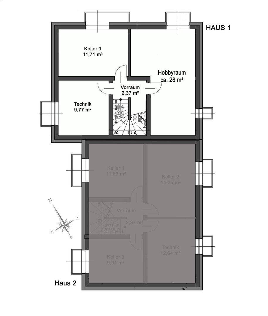 Grundriss des Kellergeschosses von Haus 1 mit Hobbyraum und Technikräumen.