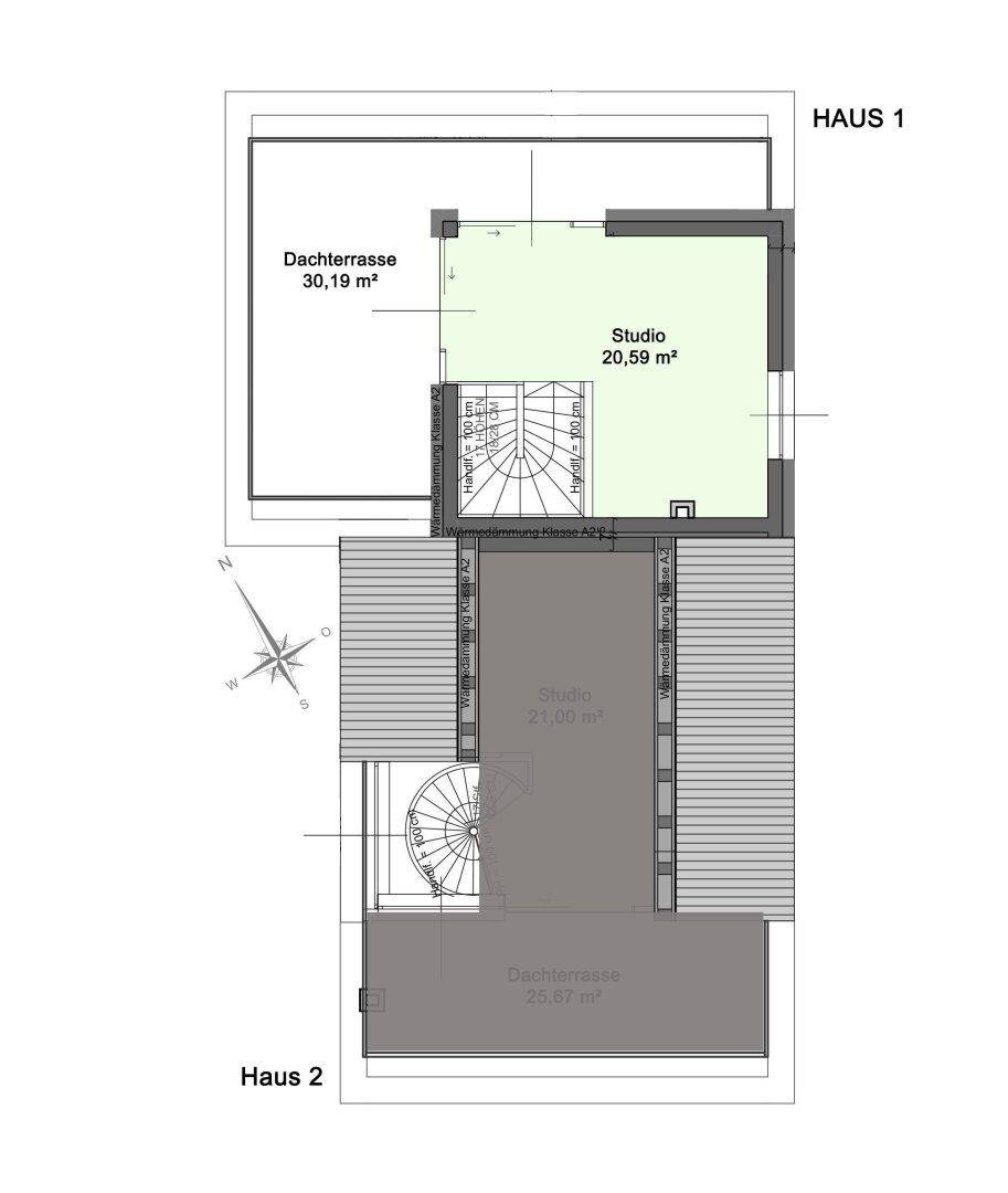 Grundriss des Dachgeschosses von Haus 1 mit Studio und großer Dachterrasse.