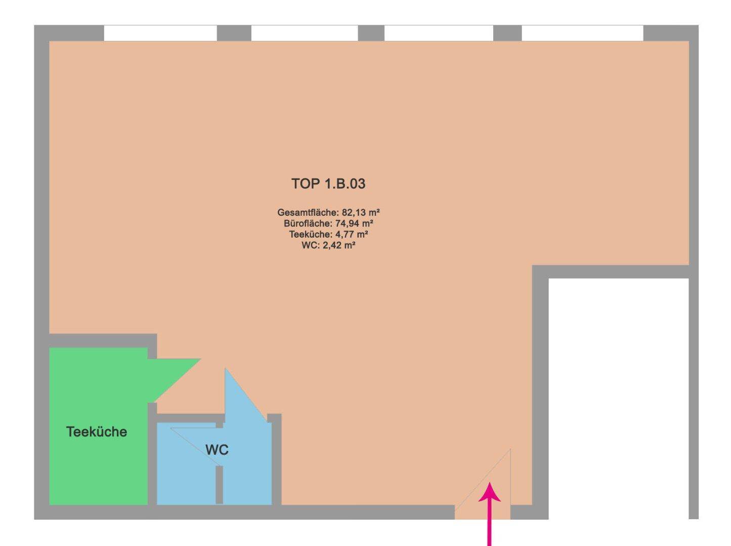 Grundriss zeigt eine Büroeinheit mit Teeküche und WC auf 82,13 m² Gesamtfläche.