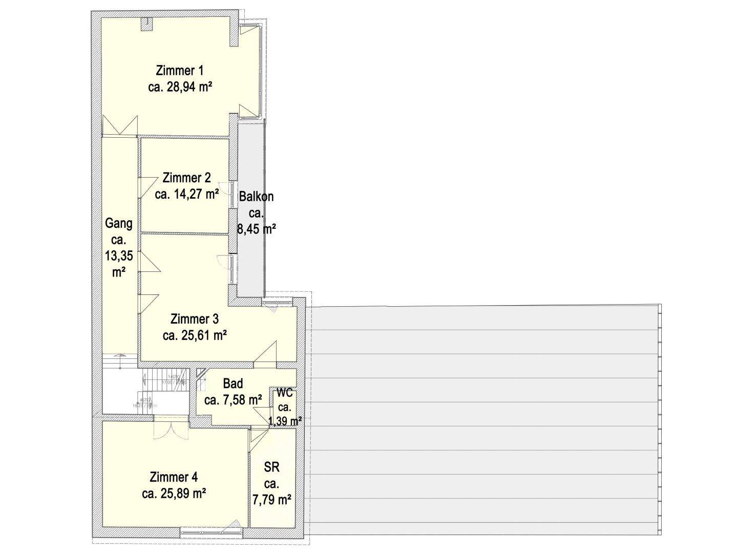 Grundriss des Obergeschosses mit vier Schlafzimmern, Bad, separatem WC und Balkonzugang.