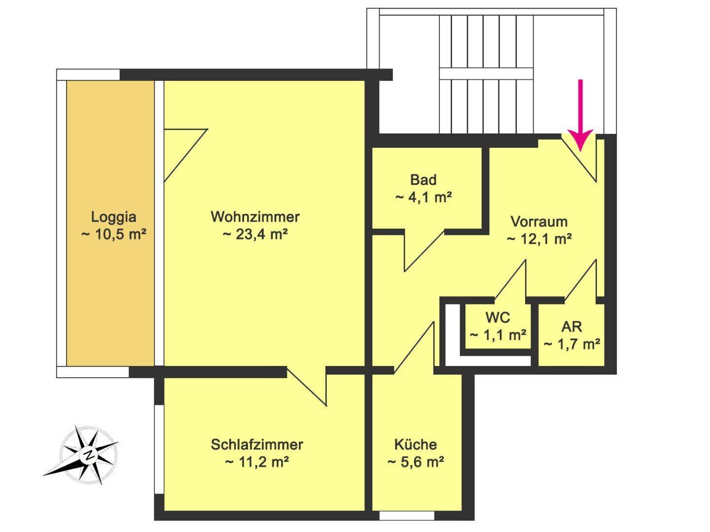 Übersichtlicher Grundriss mit Wohnzimmer, Schlafzimmer, Küche und Loggia.