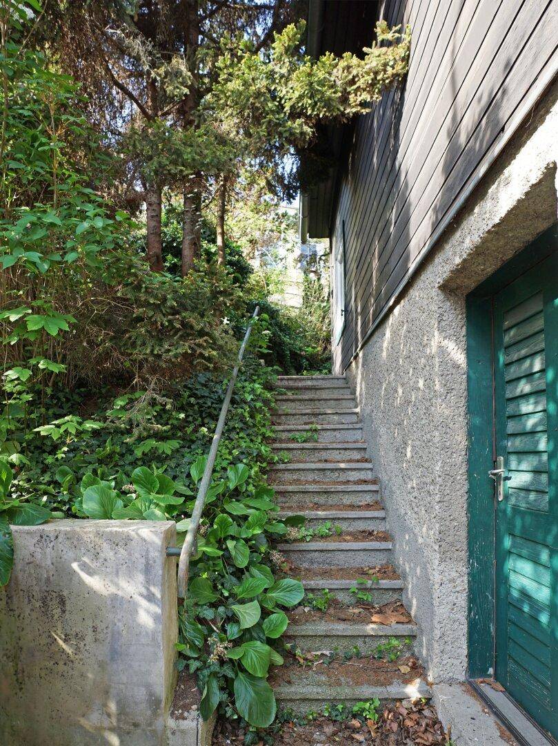 Steintreppe mit Handlauf führt am Haus entlang, umgeben von dichtem Grün und Bäumen.