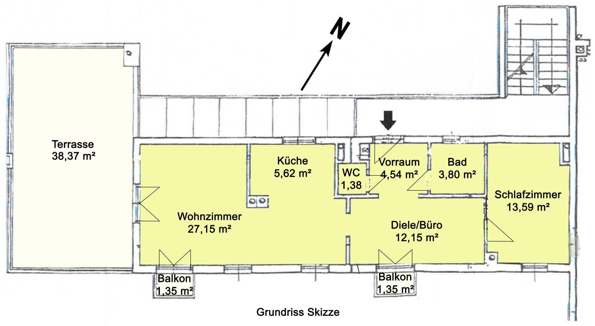 Grundriss Skizze mit Wohnzimmer, Küche, Schlafzimmer, Bad, WC und Terrasse.