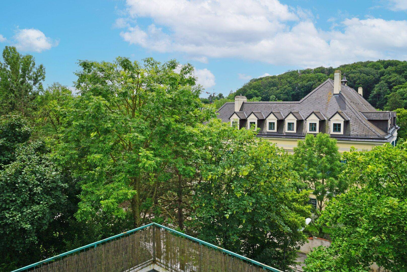 Aussicht vom Balkon auf ein traditionelles Gebäude mit Mansarddach, umgeben von Bäumen.