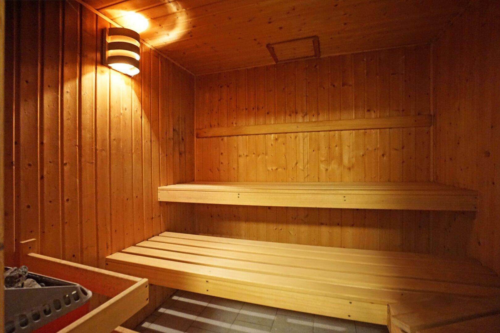 Gemütliche Holzsauna mit Bänken und Heizofen für Entspannung.
